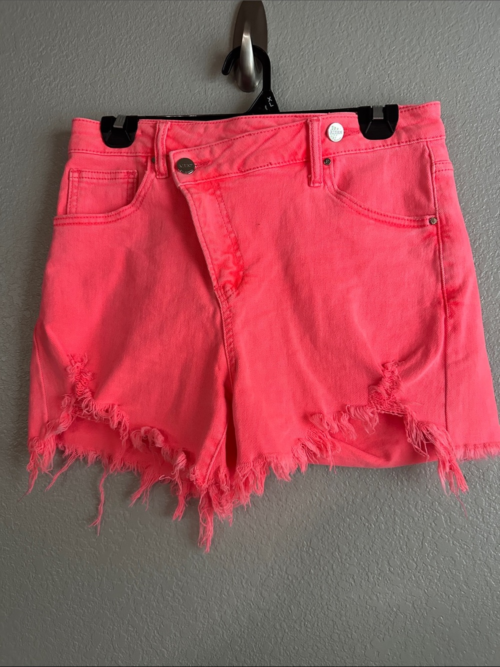 High-Rise Neon Pink Distressed Denim Shorts